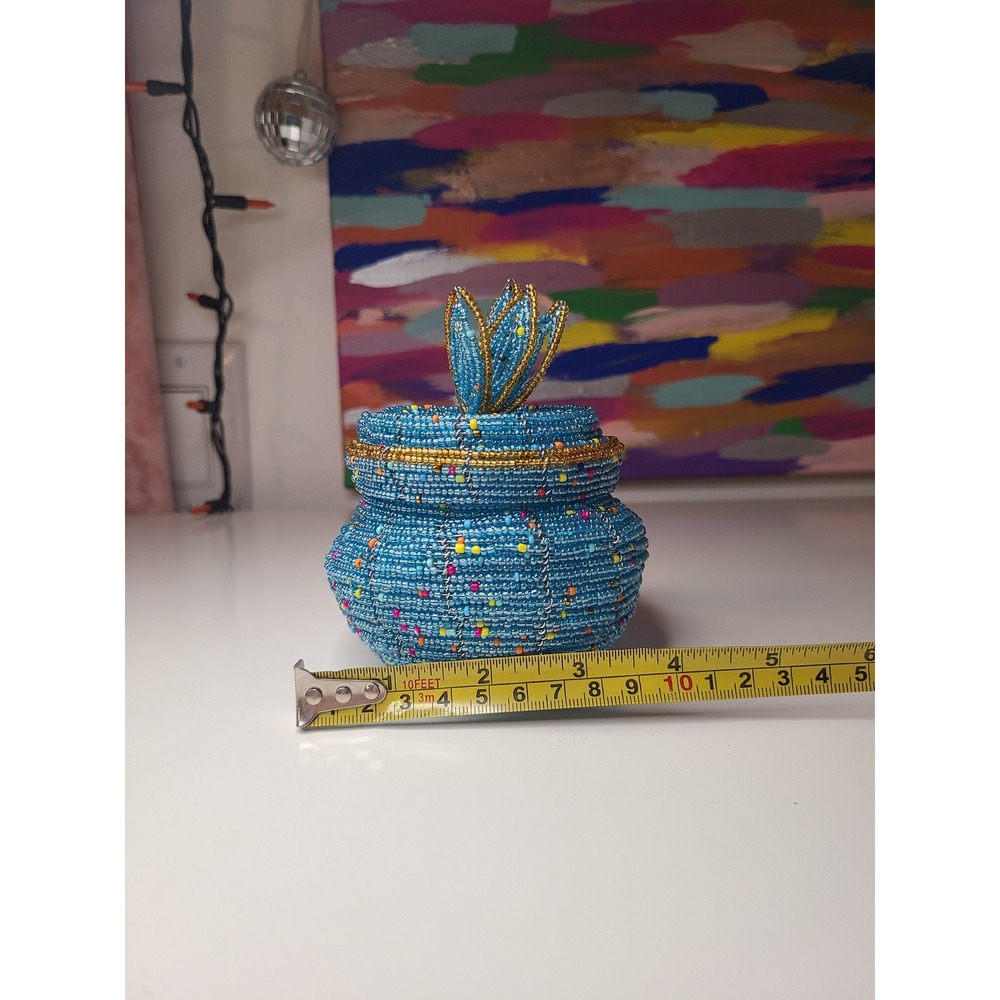 Blue Multicolor Beaded Decorative Container Maximalist - Picture 4 of 5